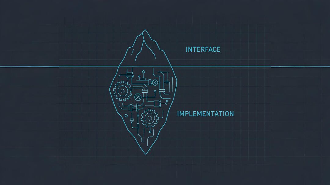 Illustration: blueprint-style iceberg on a dark grid, narrow tip labeled INTERFACE above the waterline, deep gear and pipework body labeled IMPLEMENTATION below