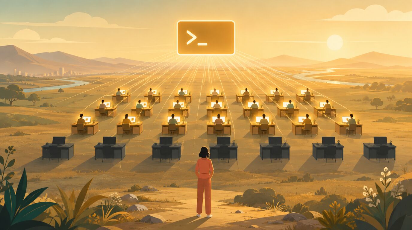 Ein leuchtendes Terminal schwebt über einer Ebene. Lichtlinien führen zu Schreibtischreihen mit Entwicklern.