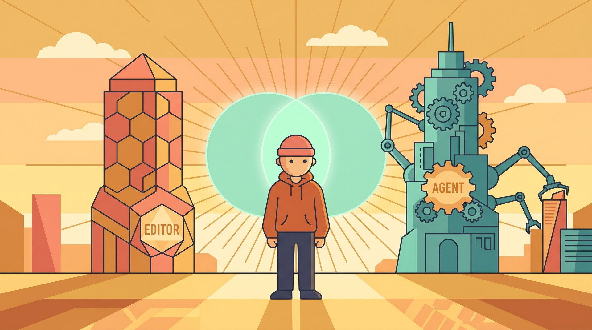 Illustration: links Editor-Turm aus Tastenkacheln, rechts Agent-Turm aus Zahnrädern, dazwischen mintfarbene Schnittmenge.