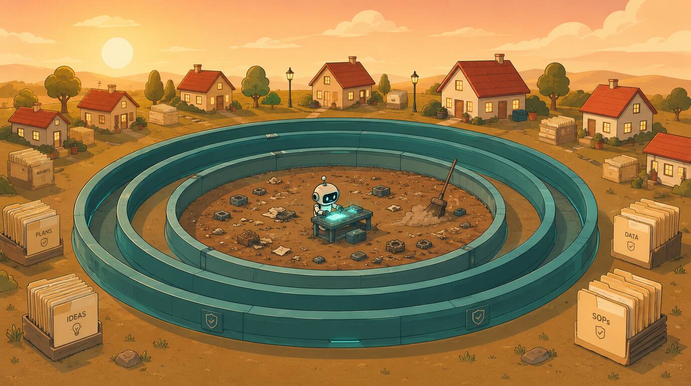 Illustration eines Coding-Agents innerhalb einer Sandbox; Dateien und Häuser außerhalb der Grenze bleiben geschützt.