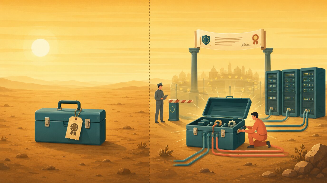Werkzeugkiste mit Compliance-Etikett allein in einer leeren Ebene, daneben dieselbe Kiste in ein konfiguriertes Deployment integriert.