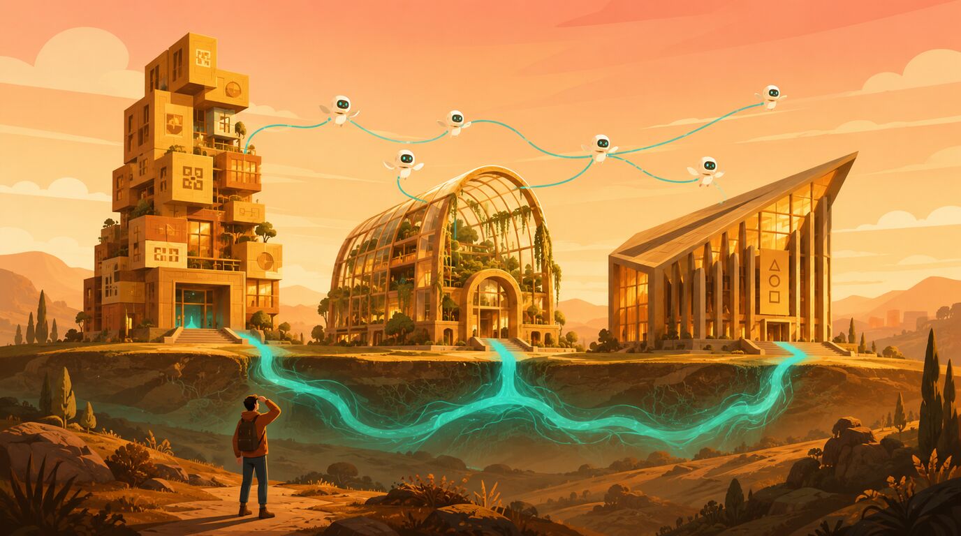 Ein Entwickler blickt auf drei unterschiedliche Gebäude, verbunden durch fliegende Roboter und leuchtende Datenströme.