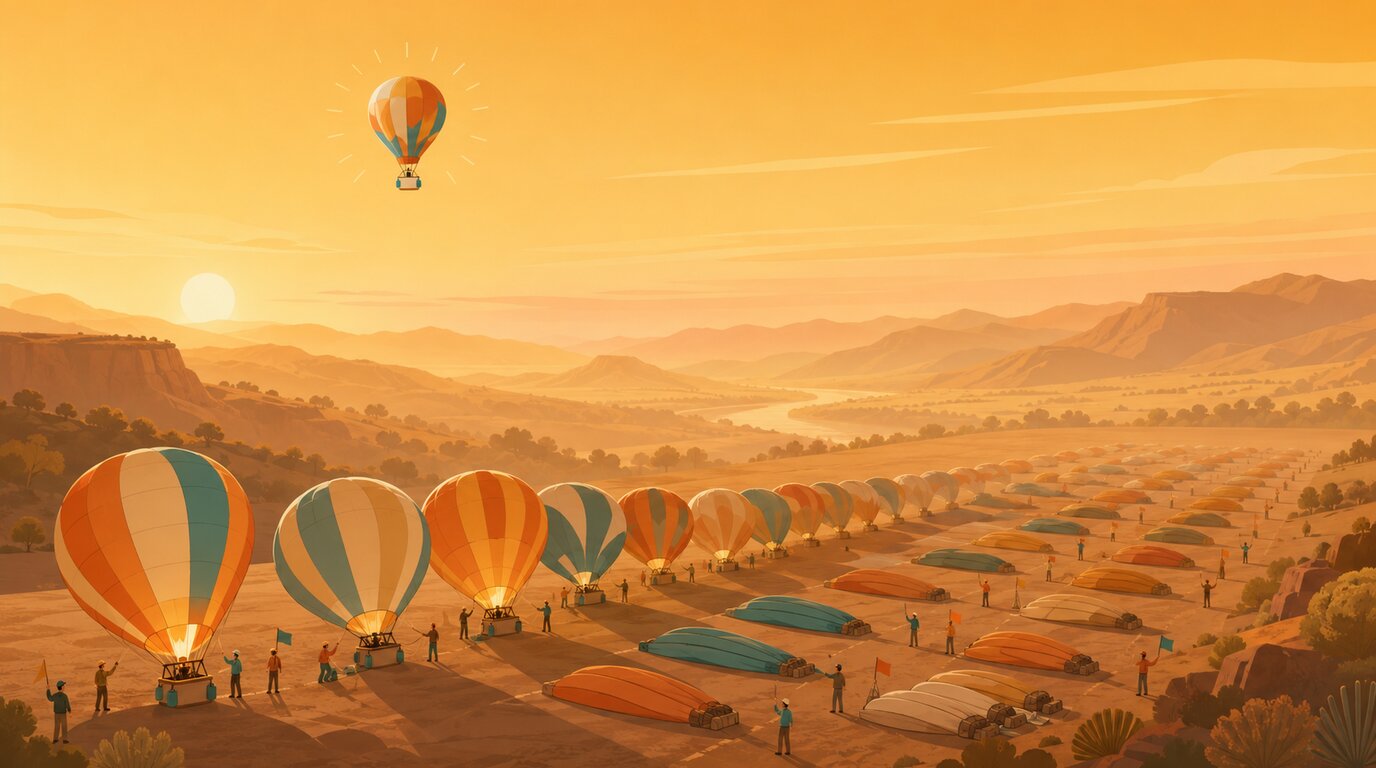 Ein Heißluftballon über einem Tal; am Boden starten weitere Ballons nacheinander.