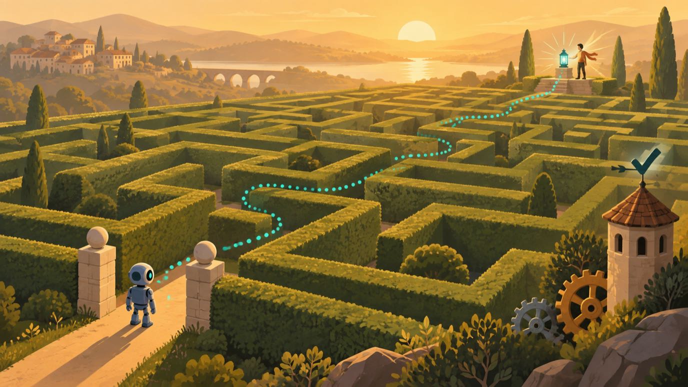 Ein Roboter steht am Eingang eines Heckenlabyrinths, am Ausgang hat ein Mensch schon eine leuchtende Laterne aufgestellt