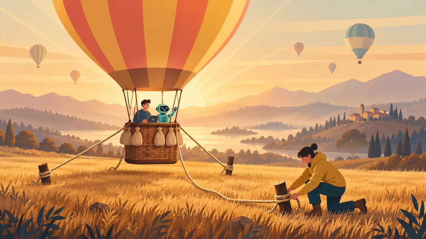 Heißluftballon mit Entwickler und Roboter in der Gondel, am Boden zieht eine Person ein Halteseil am Pflock straff