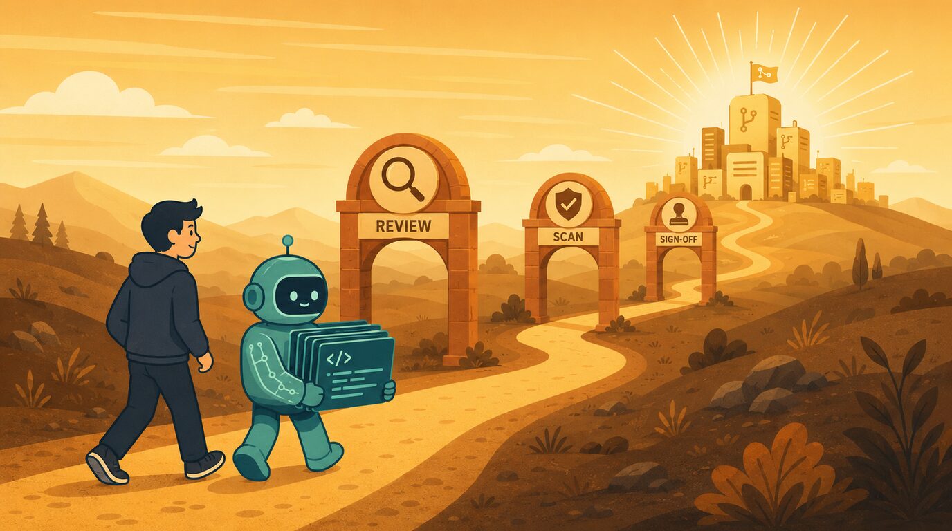 Entwickler und KI-Agent tragen Code über einen Pfad durch die Tore Review, Scan und Sign-off zu einer Stadt.
