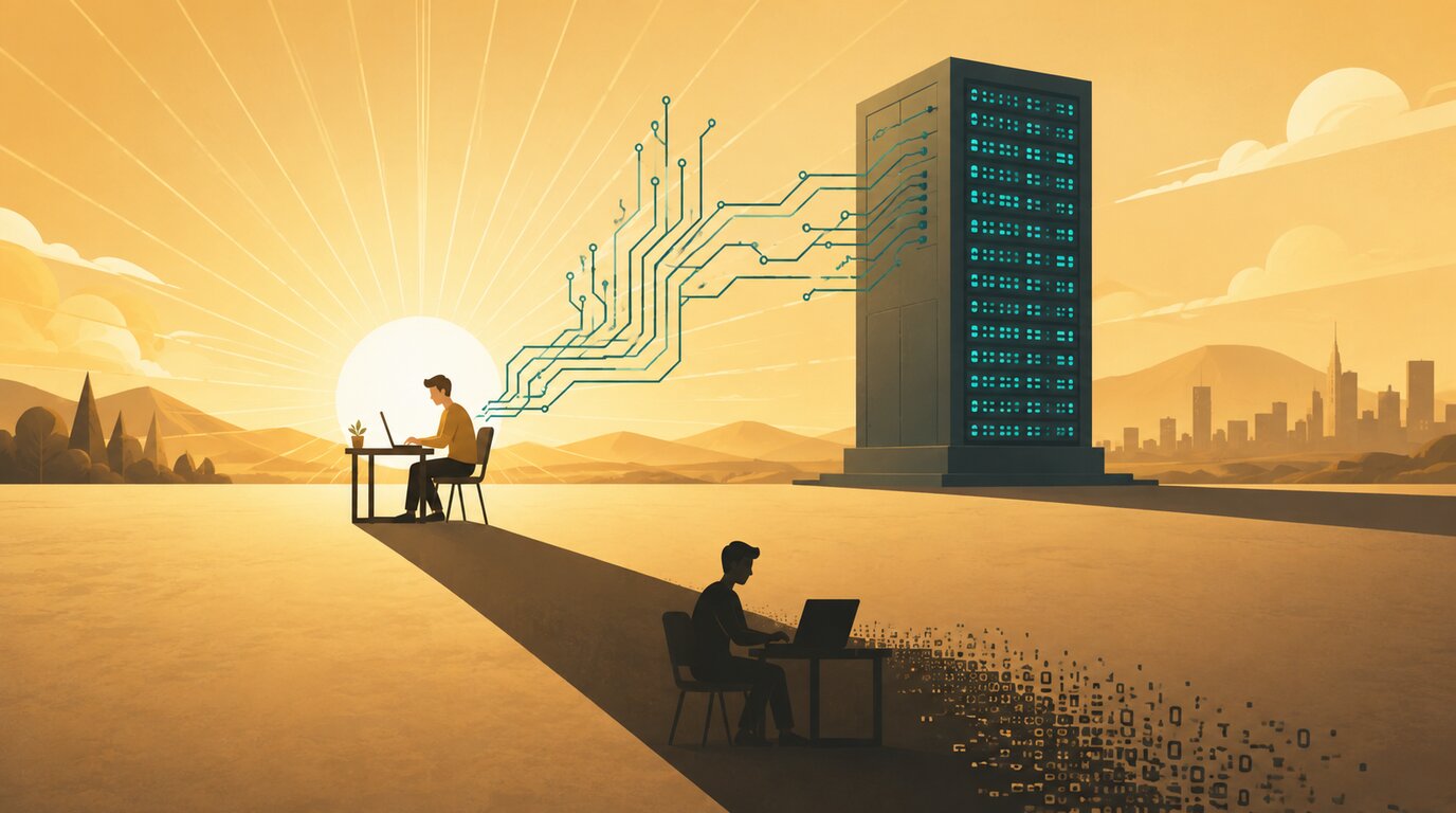 Zwei Menschen an Laptops: vom einen führen Datenlinien zu einem Serverschrank, vom anderen verlieren sie sich im Schatten.